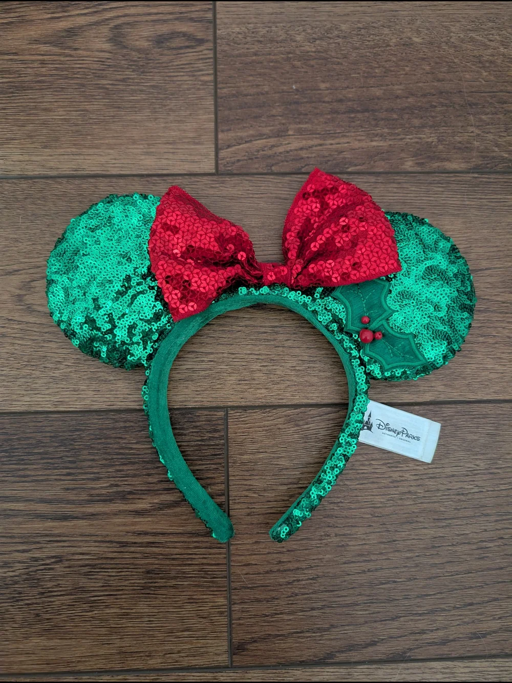 Disney Parks Christmas Minnie Mouse Ears Green Red Sequin Holly Headband